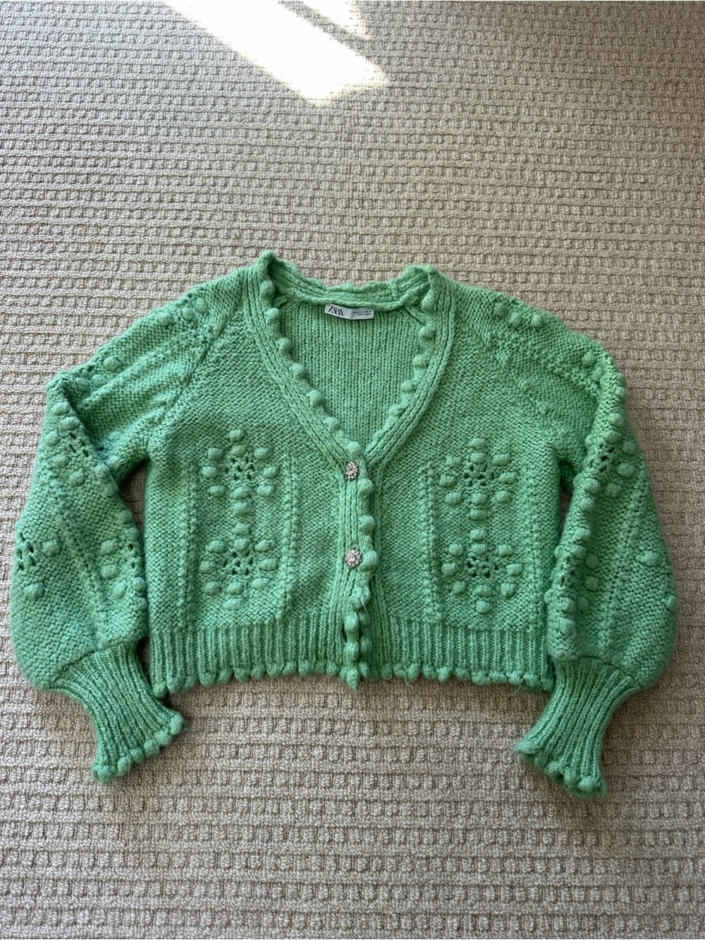 Zara Green Chunky Knit V-Neck Balloon Sleeves Wool Alpaca Blend Cardigan Sz M - Picture 2 of 7